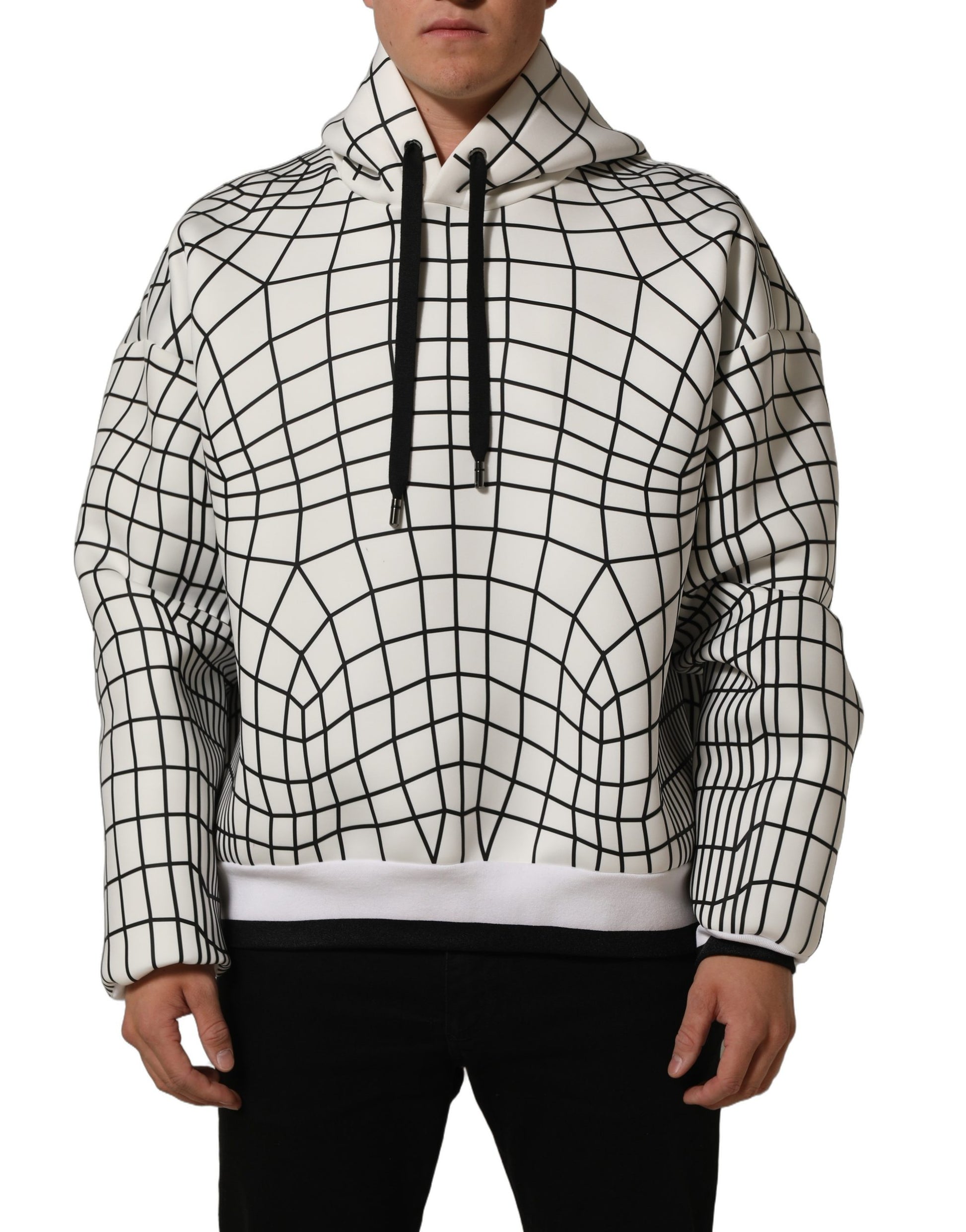 Dolce & Gabbana White Black WarpGrid Pattern Hoodie Sweater
