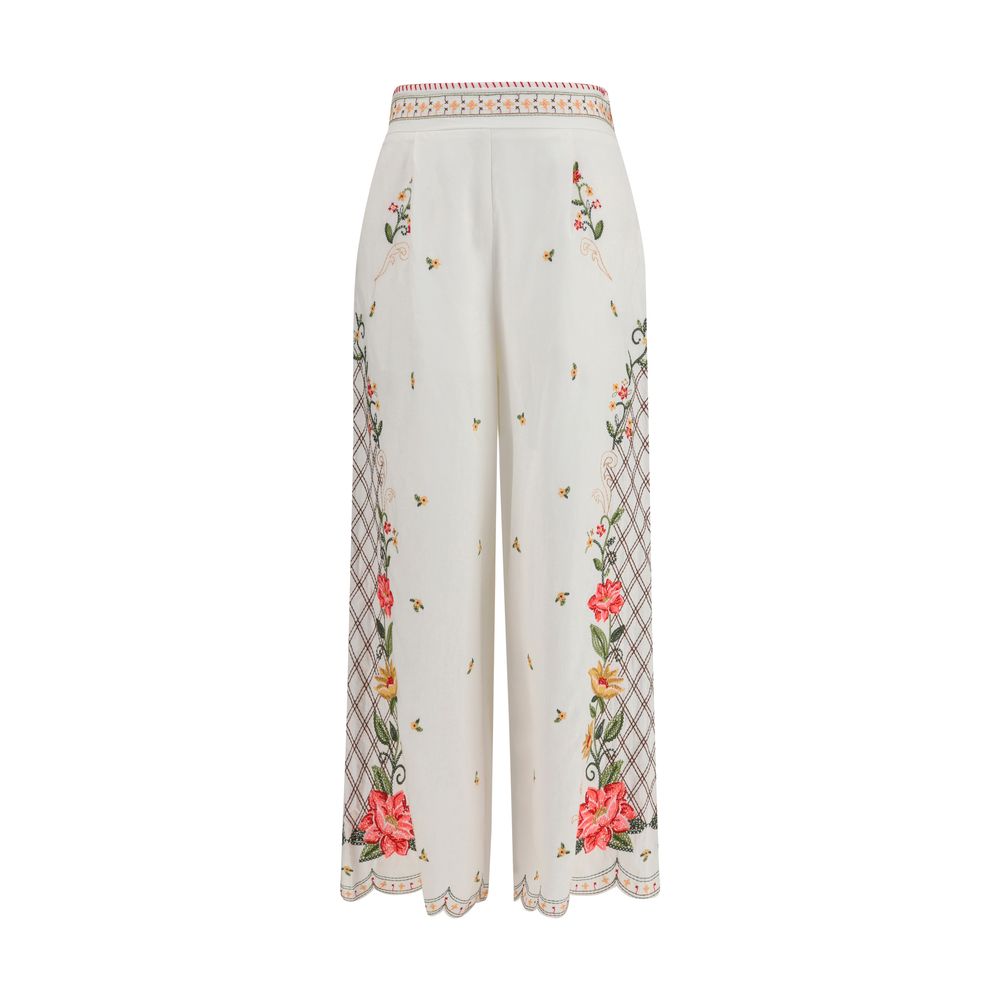 FARM RIO Multicolor Floral Embroidered Wide-Leg Linen Casual Pants S
