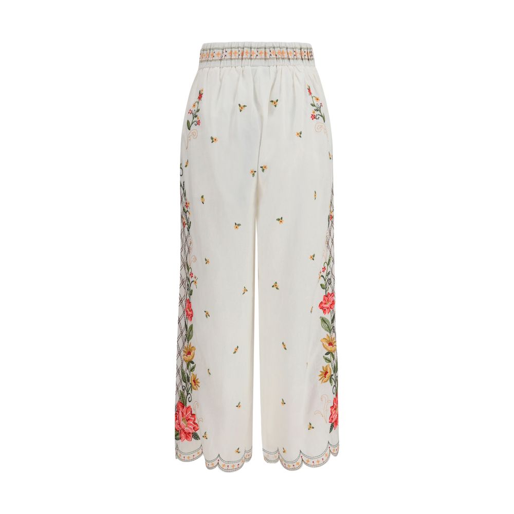 FARM RIO Multicolor Floral Embroidered Wide-Leg Linen Casual Pants S