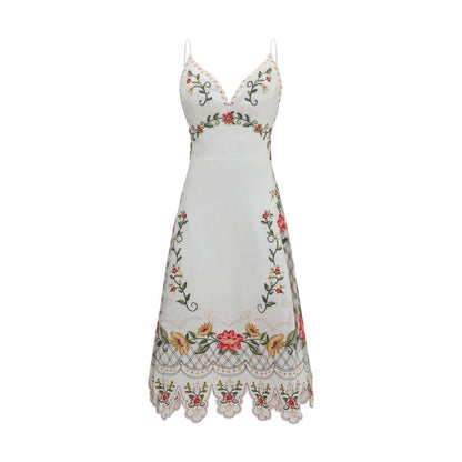 FARM RIO Multicolor Linen Midi Dress with Asymmetrical Hem