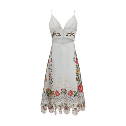 FARM RIO Multicolor Linen Midi Dress with Asymmetrical Hem