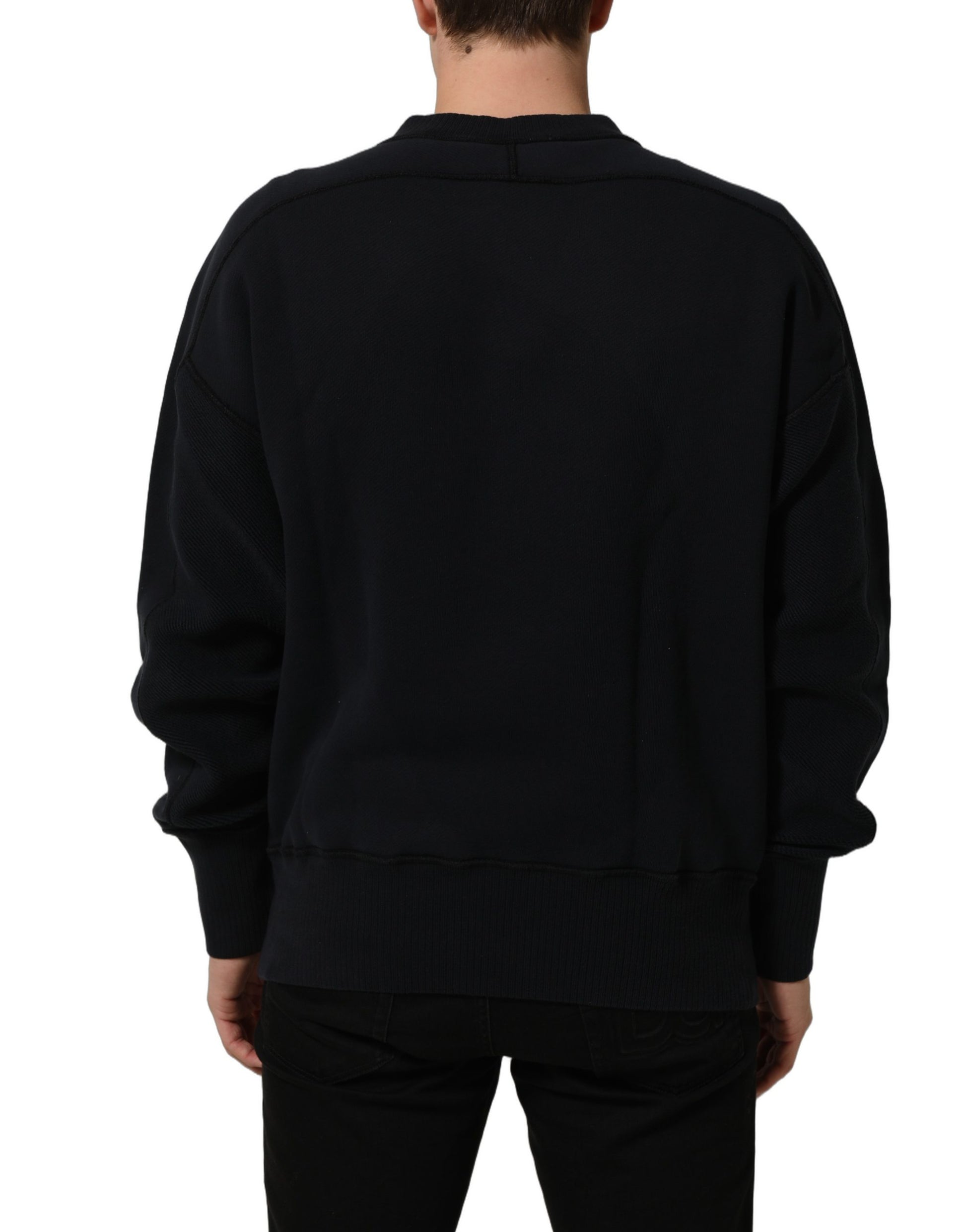 Dolce & Gabbana Black Logo Plaque Cotton Crew Neck Pullover Sweater