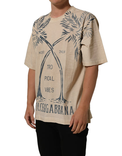 Dolce & Gabbana Beige Cotton Graphic Print Crew Neck T-shirt