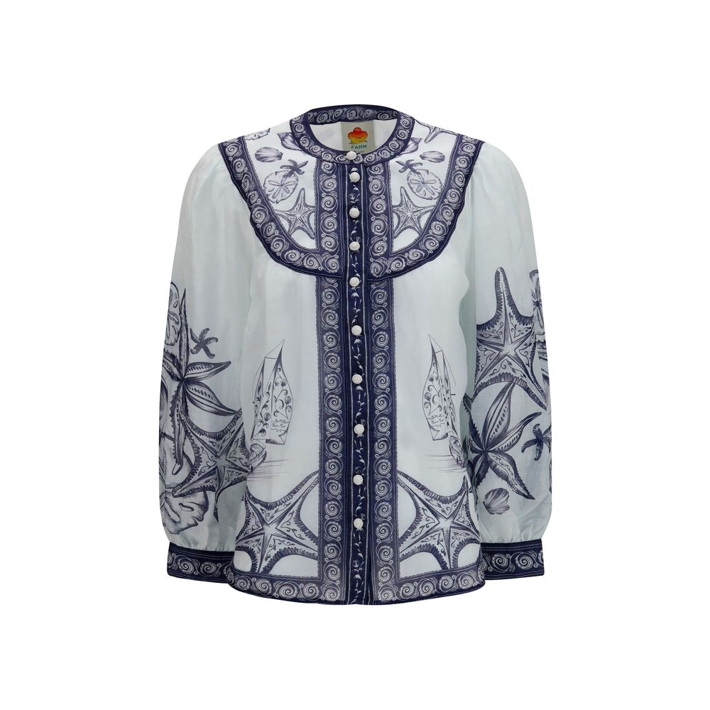FARM RIO White Ramie Blouse - Seaside Print - Size M