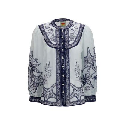 FARM RIO White Ramie Blouse - Seaside Print - Size M