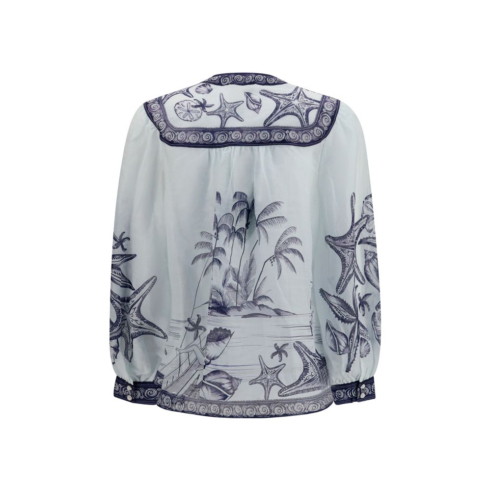 FARM RIO White Ramie Blouse - Seaside Print - Size M
