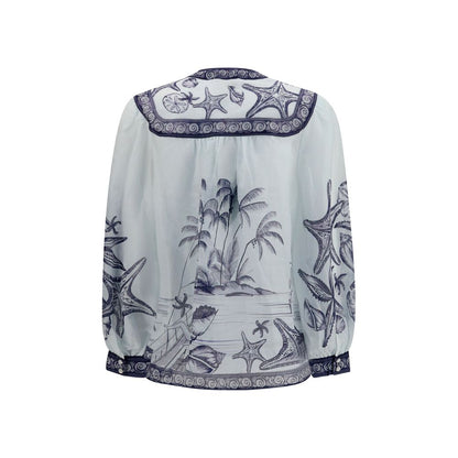 FARM RIO White Ramie Blouse - Seaside Print - Size M