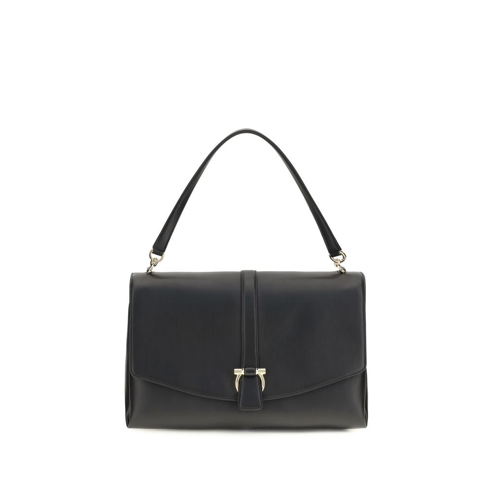 Ferragamo Black Calf Leather Bos Taurus Mia Shoulder Bag 40x22x16