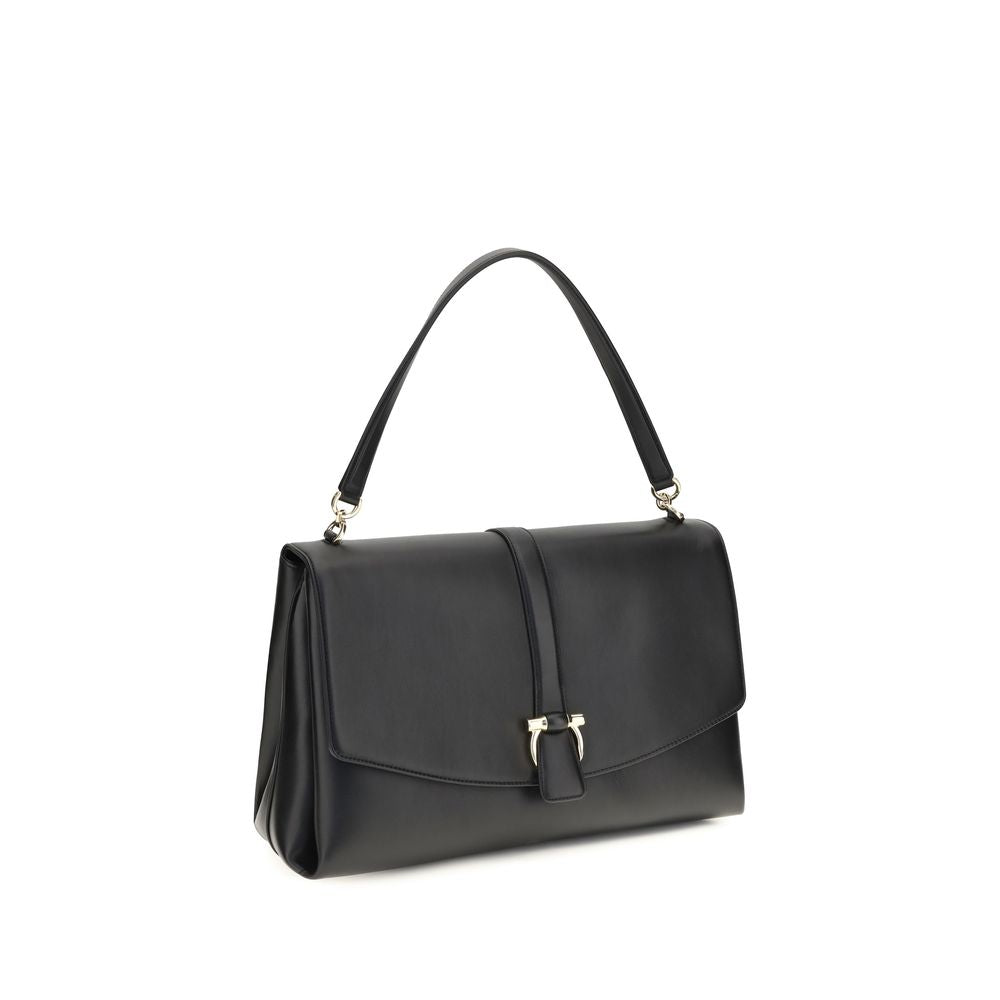 Ferragamo Black Calf Leather Bos Taurus Mia Shoulder Bag 40x22x16