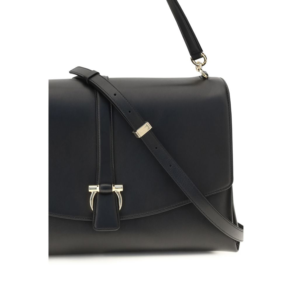 Ferragamo Black Calf Leather Bos Taurus Mia Shoulder Bag 40x22x16