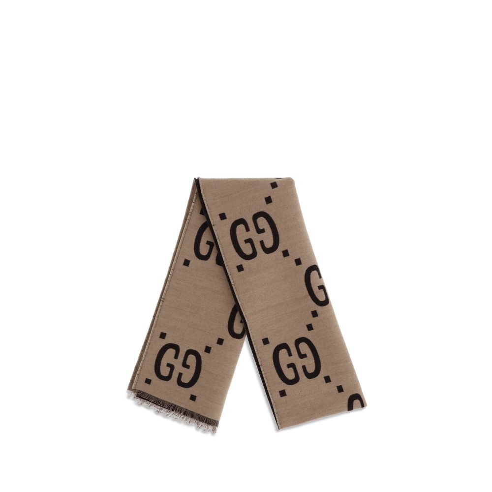 Gucci Brown Wool Silk Scarf with GG Supreme Print