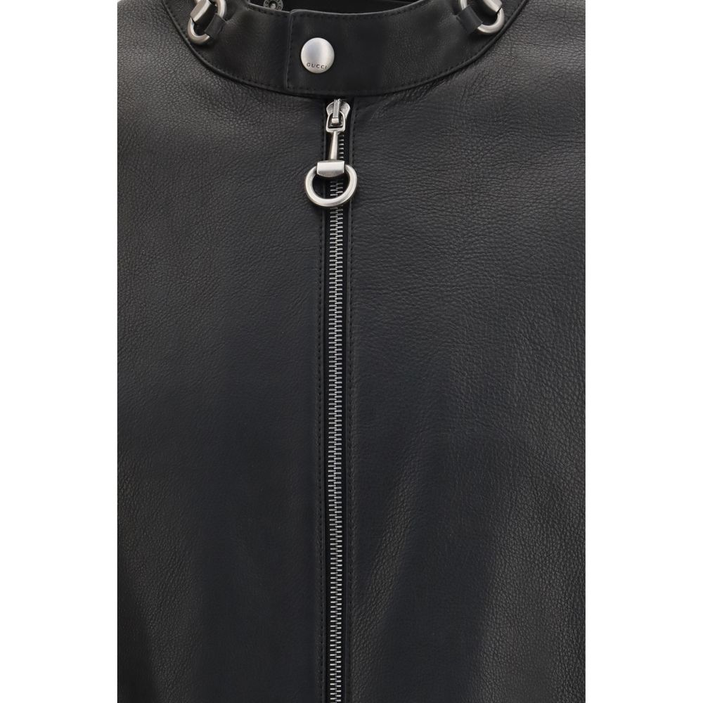 Gucci Black Calf Leather Horsebit Biker Jacket