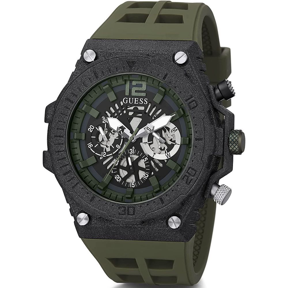 Guess Men’s Watch, Analog Dial, Black Case, Green Silicone Strap