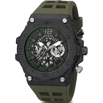 Guess Men’s Watch, Analog Dial, Black Case, Green Silicone Strap