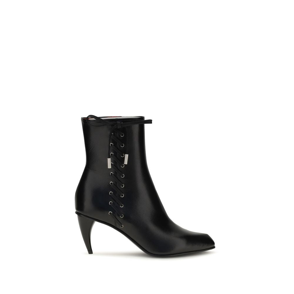 Alexander McQueen Black Leather Corset-Detail Horn-Heel Ankle Boots