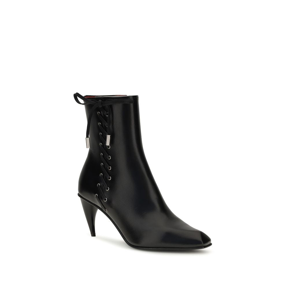 Alexander McQueen Black Leather Corset-Detail Horn-Heel Ankle Boots