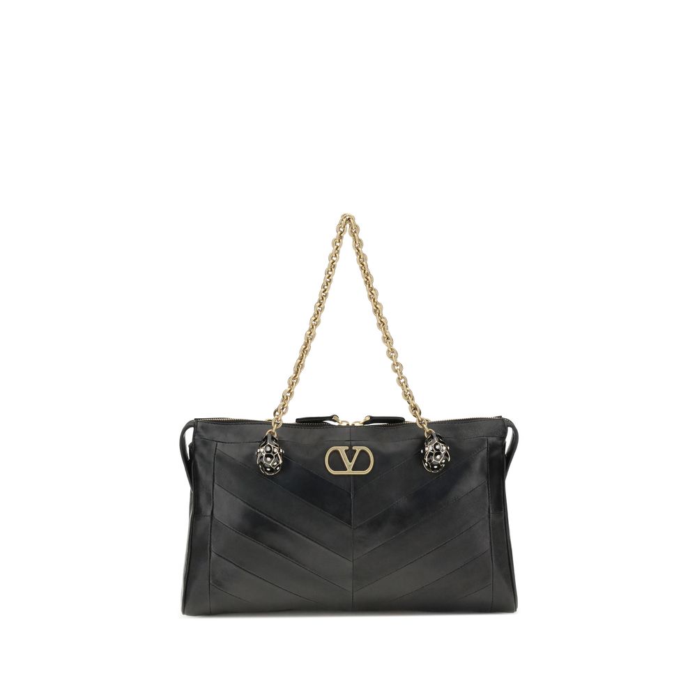 Valentino Garavani Black Lamb Leather Panthea Chevron Medium Shoulder Bag