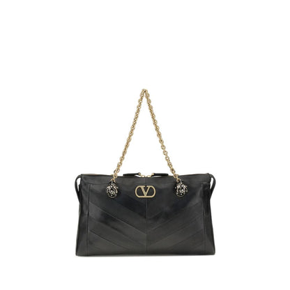 Valentino Garavani Black Lamb Leather Panthea Chevron Medium Shoulder Bag