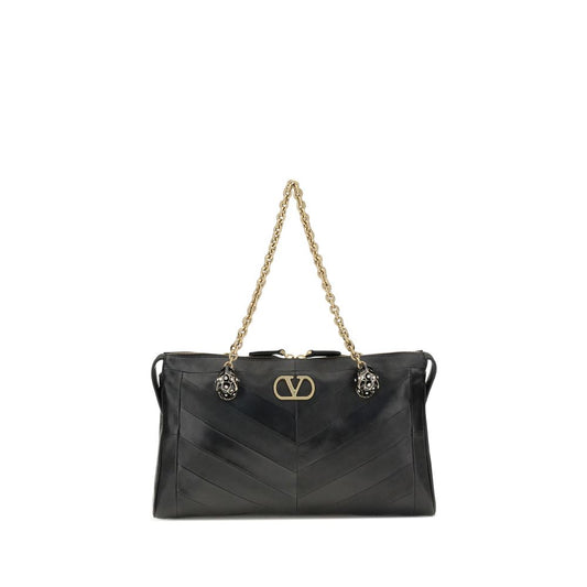 Valentino Garavani Black Lamb Leather Panthea Chevron Medium Shoulder Bag