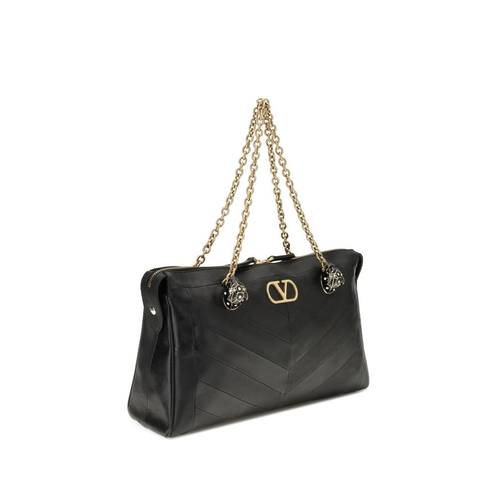 Valentino Garavani Black Lamb Leather Panthea Chevron Medium Shoulder Bag