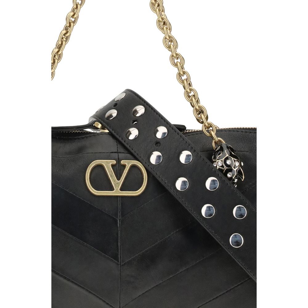 Valentino Garavani Black Lamb Leather Panthea Chevron Medium Shoulder Bag