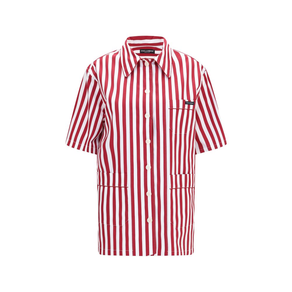 Dolce & Gabbana Red & White Striped Cotton Short Sleeve Shirt