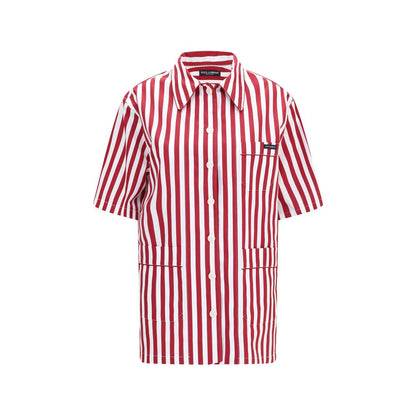 Dolce & Gabbana Red & White Striped Cotton Short Sleeve Shirt