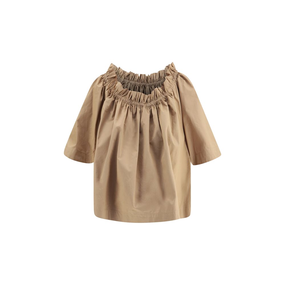 Saint Laurent Beige Cotton Ruffle Top with Short Butterfly Sleeves IT36 | XS, IT38 | S