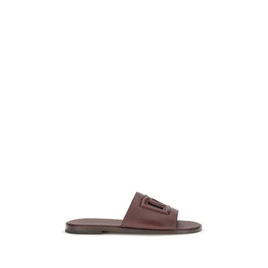 Dolce & Gabbana Burgundy Brown Leather DG Logo Flat Sandals
