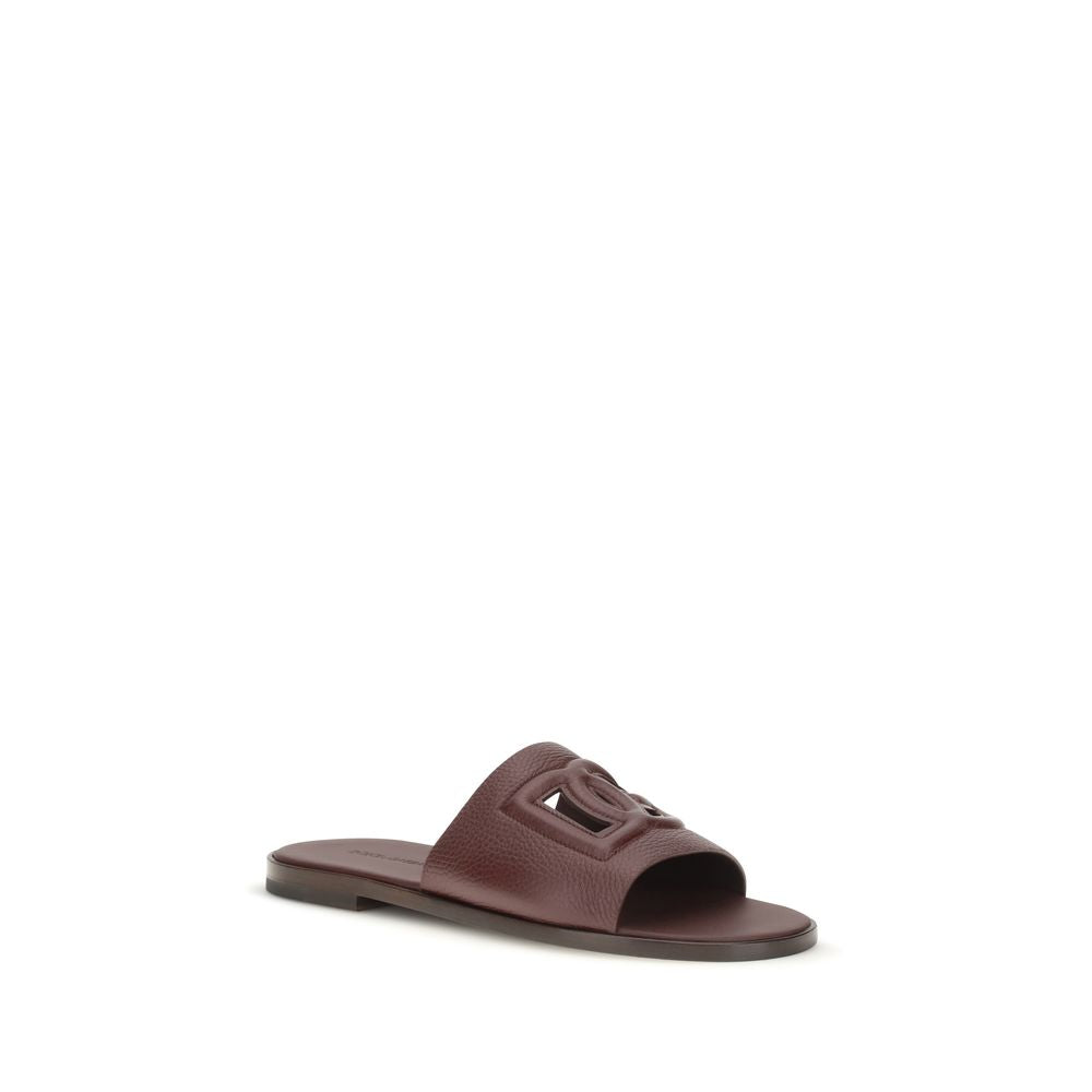 Dolce & Gabbana Burgundy Brown Leather DG Logo Flat Sandals