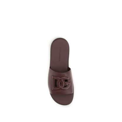 Dolce & Gabbana Burgundy Brown Leather DG Logo Flat Sandals
