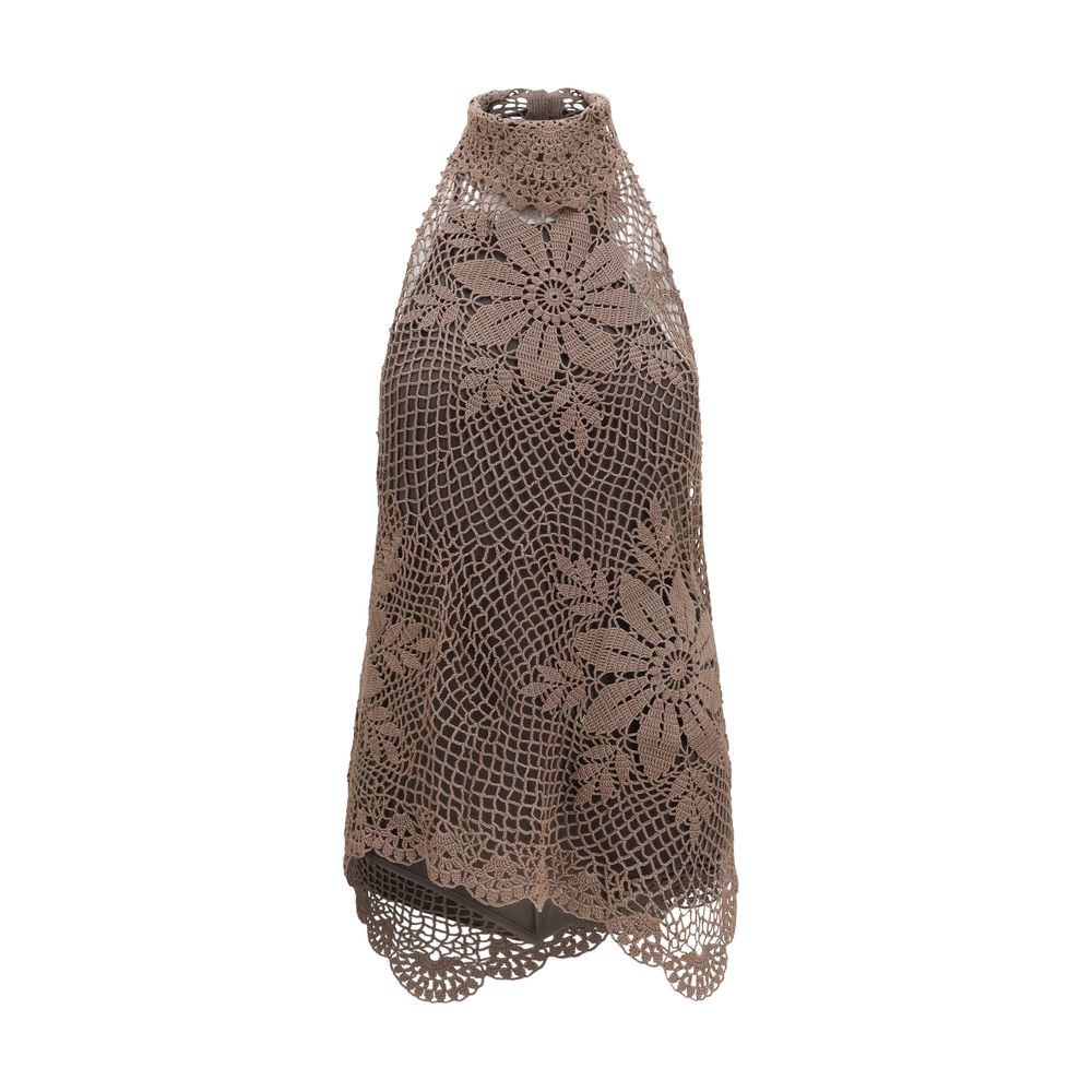 Magda Butrym Brown Crochet Lace High-Neck Top