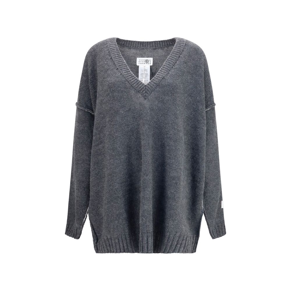 MM6 Gray Marabou Sweatshirt - Oversized V-Neck Sweater