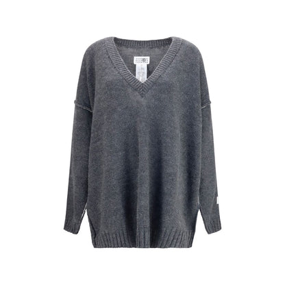 MM6 Gray Marabou Sweatshirt - Oversized V-Neck Sweater