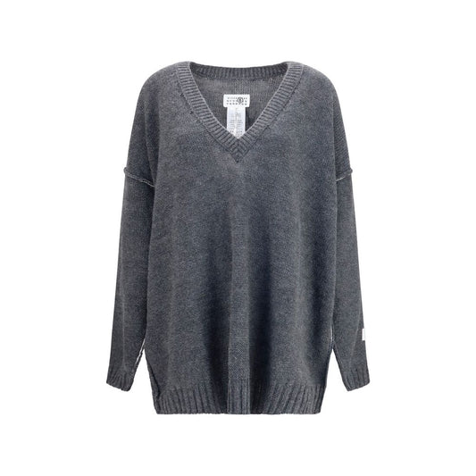 MM6 Gray Marabou Sweatshirt - Oversized V-Neck Sweater