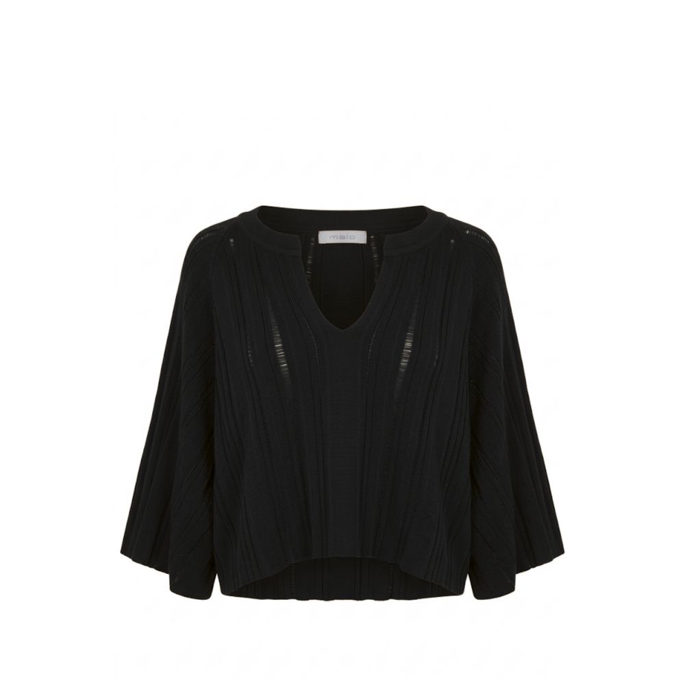Malo Black Cotton Women Sweater, V-Neck, Cropped, Wide Butterfly Sleeves, Size M