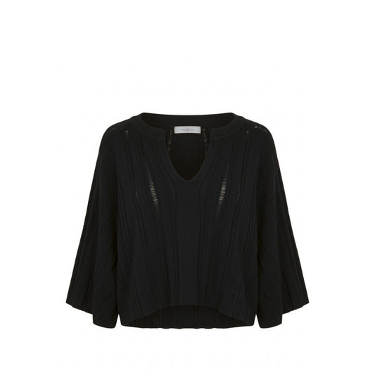 Malo Black Cotton Women Sweater, V-Neck, Cropped, Wide Butterfly Sleeves, Size M