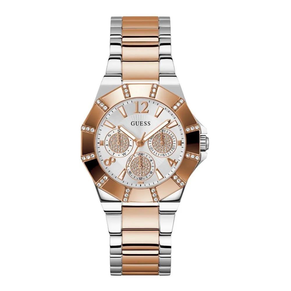 Guess Women's Watch, Multifunction Dial, Grey and Pink Stainless Steel