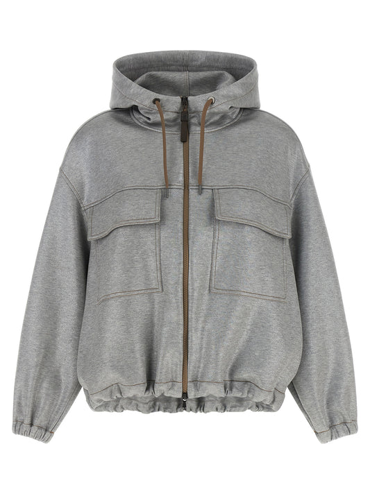 Brunello Cucinelli Silver Cotton Bomber Jacket
