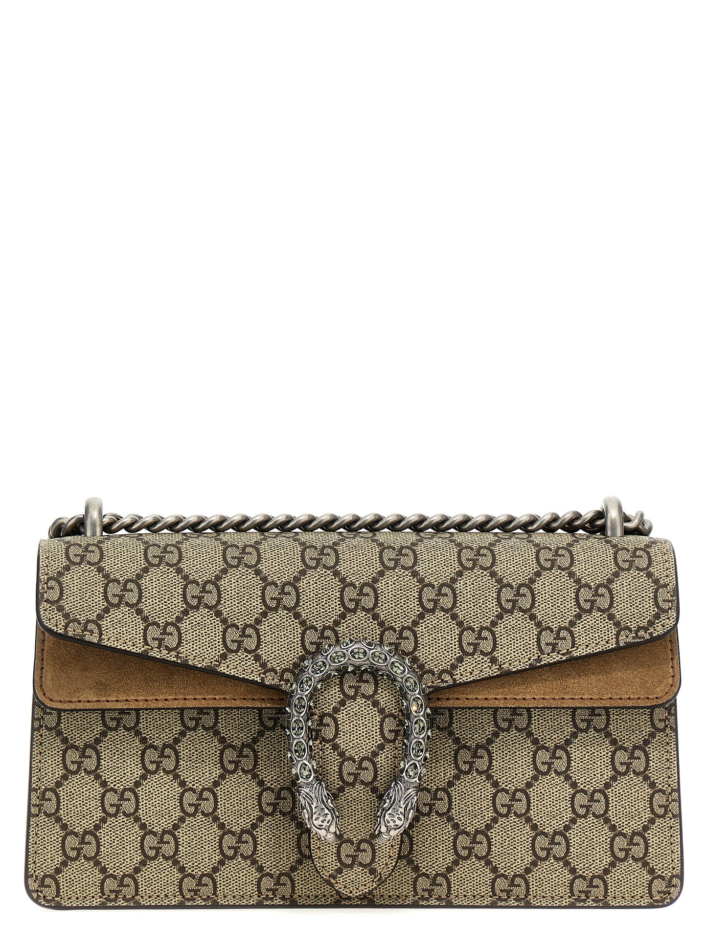 Gucci Beige Calfskin Chain Shoulder Bag with Rhinestone Buckle