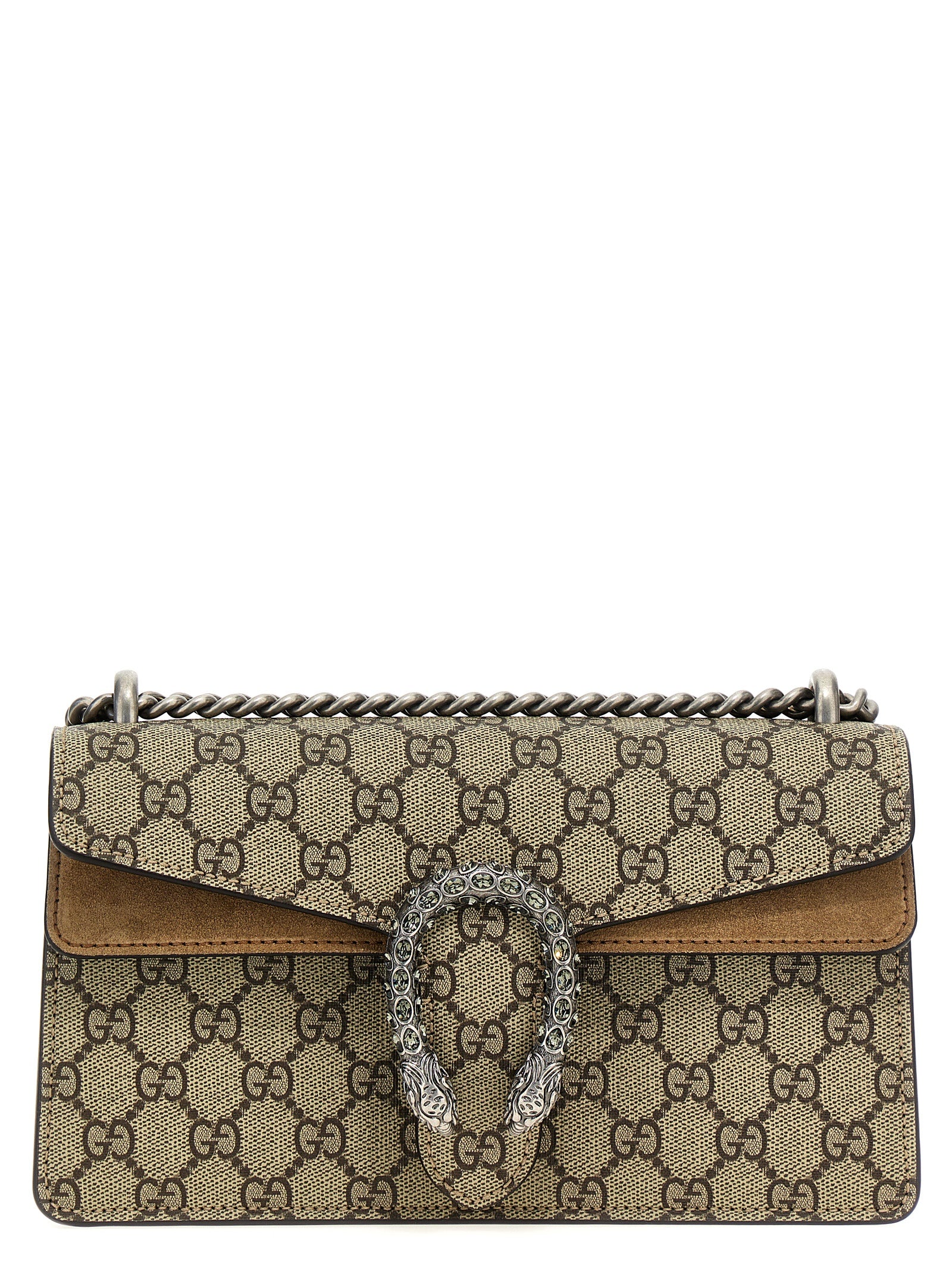 Gucci Beige Calfskin Chain Shoulder Bag with Rhinestone Buckle