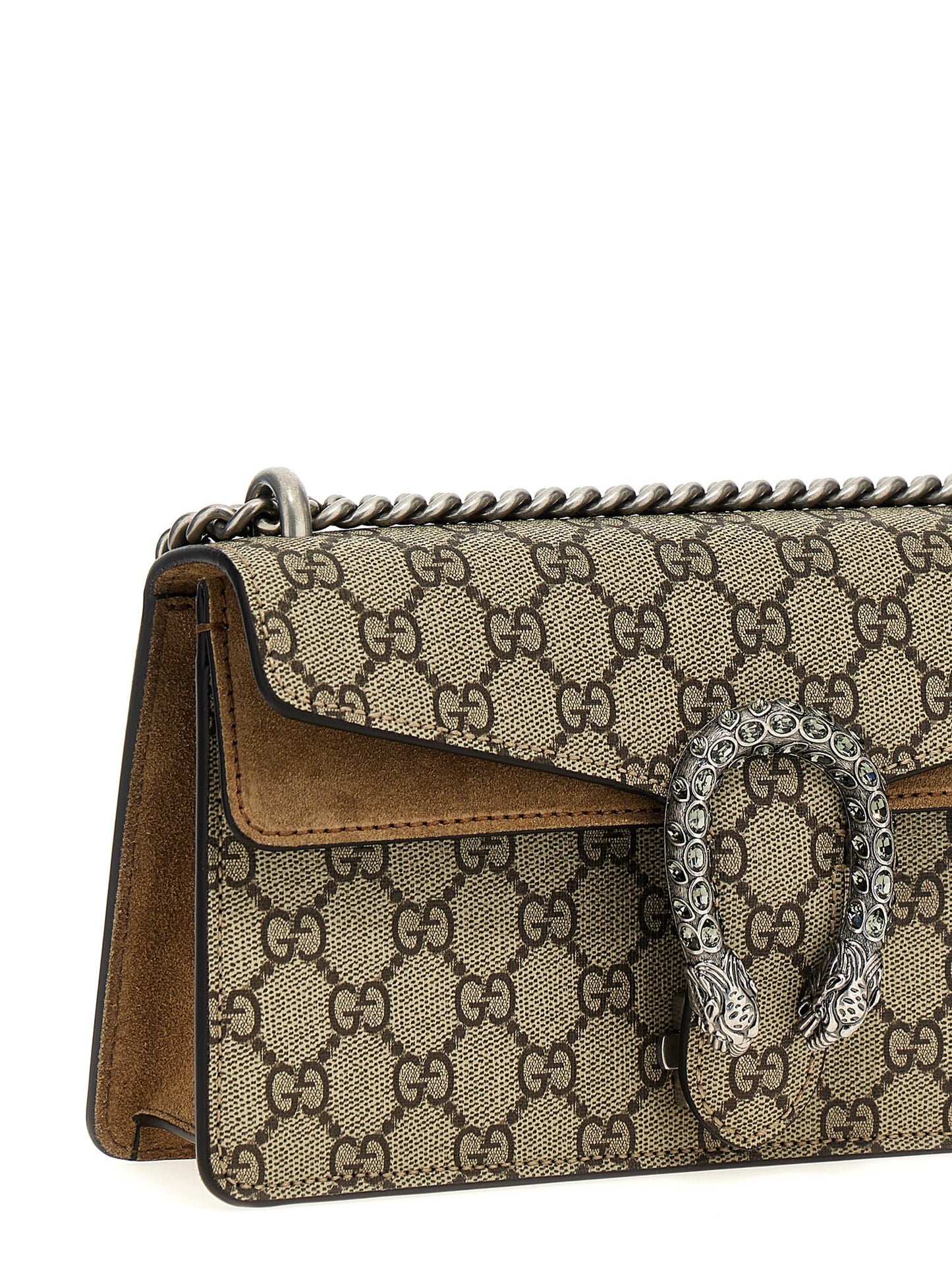 Gucci Beige Calfskin Chain Shoulder Bag with Rhinestone Buckle