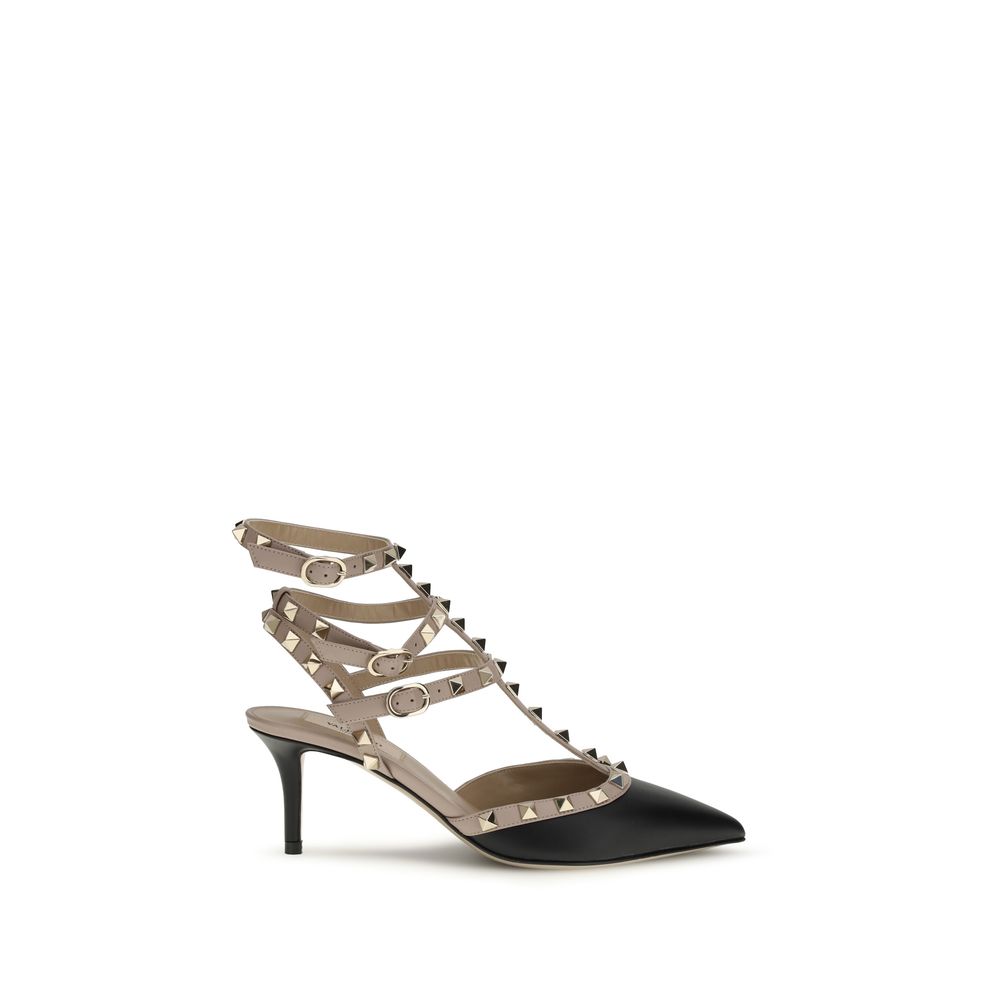 Valentino Garavani Black Calf Leather Rockstud Mid Heel Pumps
