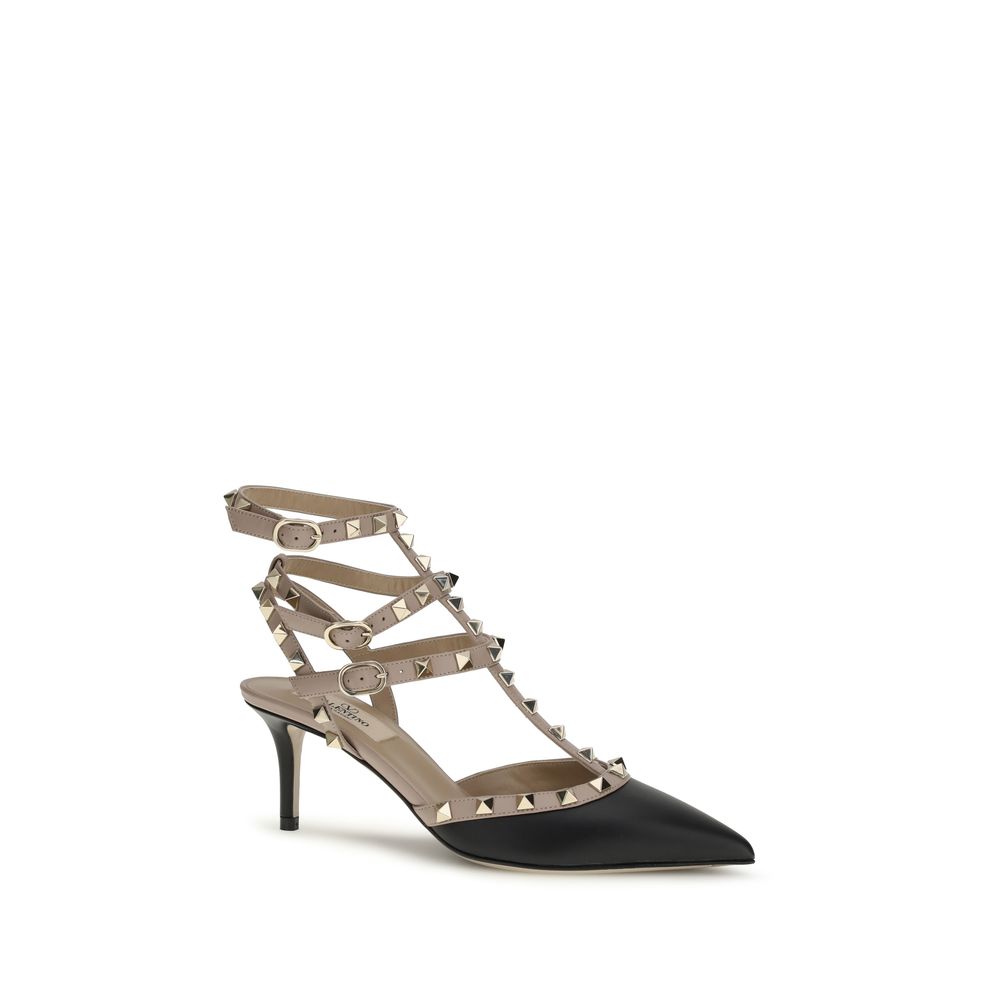 Valentino Garavani Black Calf Leather Rockstud Mid Heel Pumps