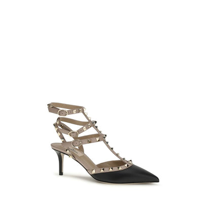 Valentino Garavani Black Calf Leather Rockstud Mid Heel Pumps