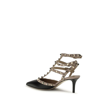 Valentino Garavani Black Calf Leather Rockstud Mid Heel Pumps