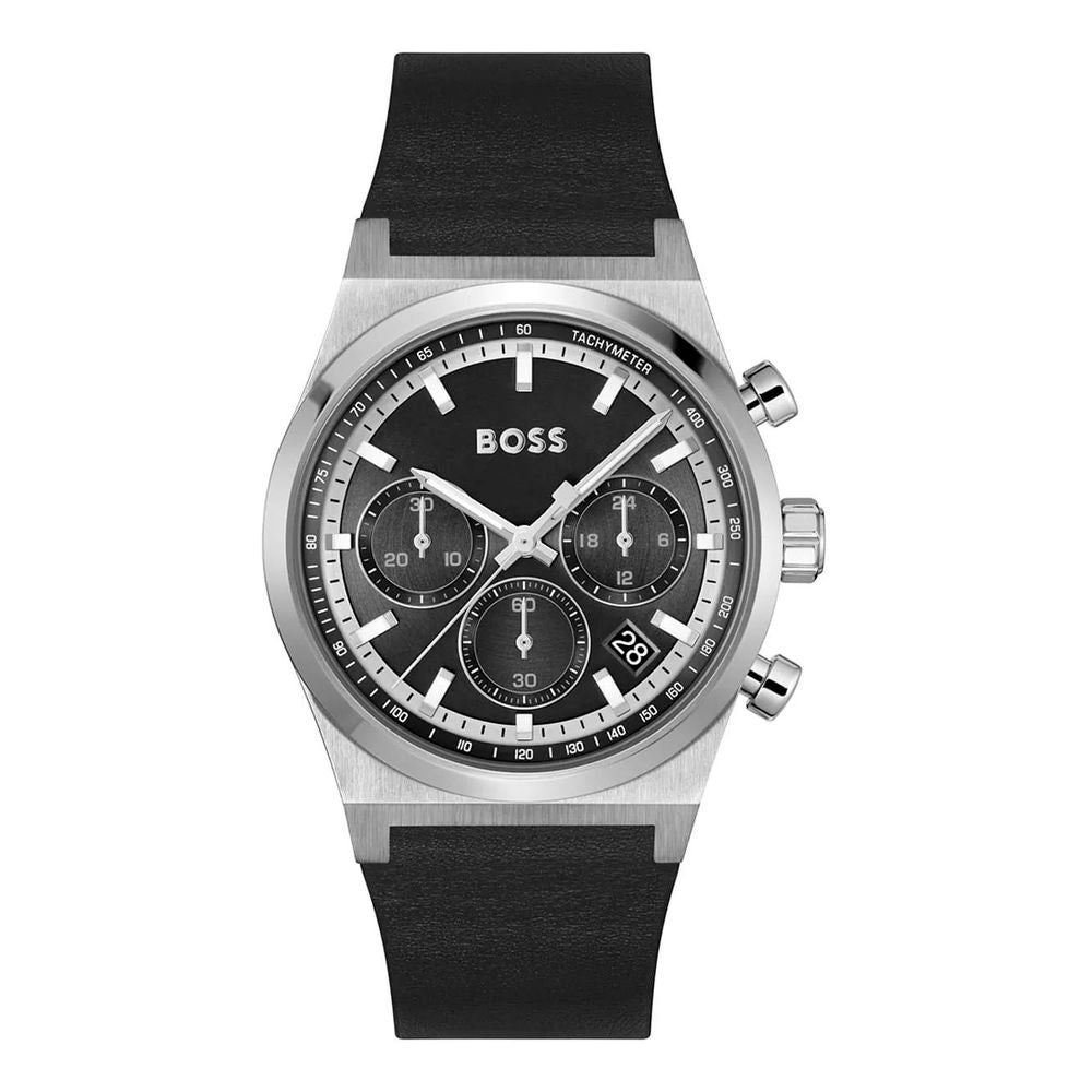 Hugo Boss Men's Gray Leather Dress Watch with Buckle Closure