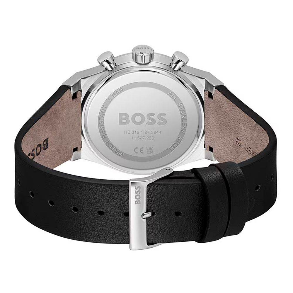 Hugo Boss Men's Gray Leather Dress Watch with Buckle Closure