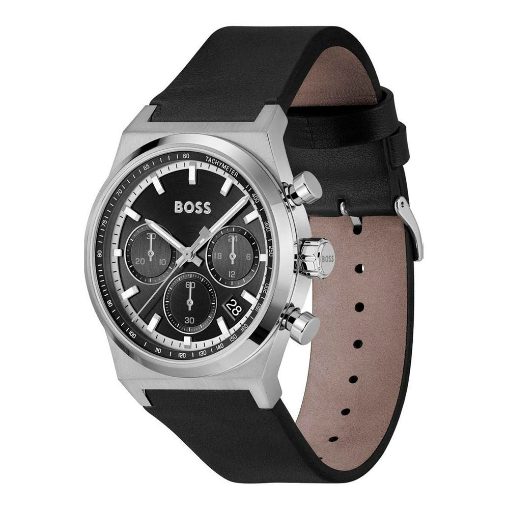 Hugo Boss Men's Gray Leather Dress Watch with Buckle Closure