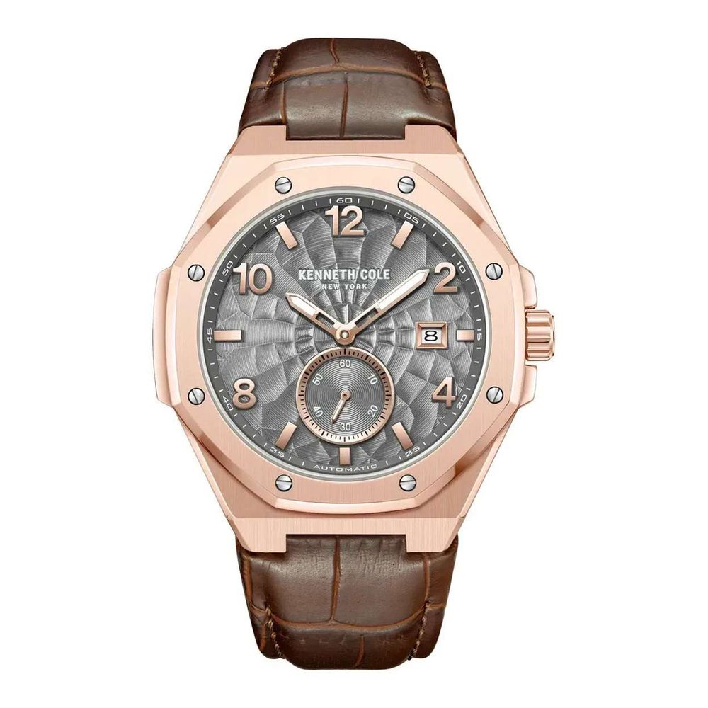 Kenneth Cole Men's Automatic Brown Leather Watch, Grey Dial